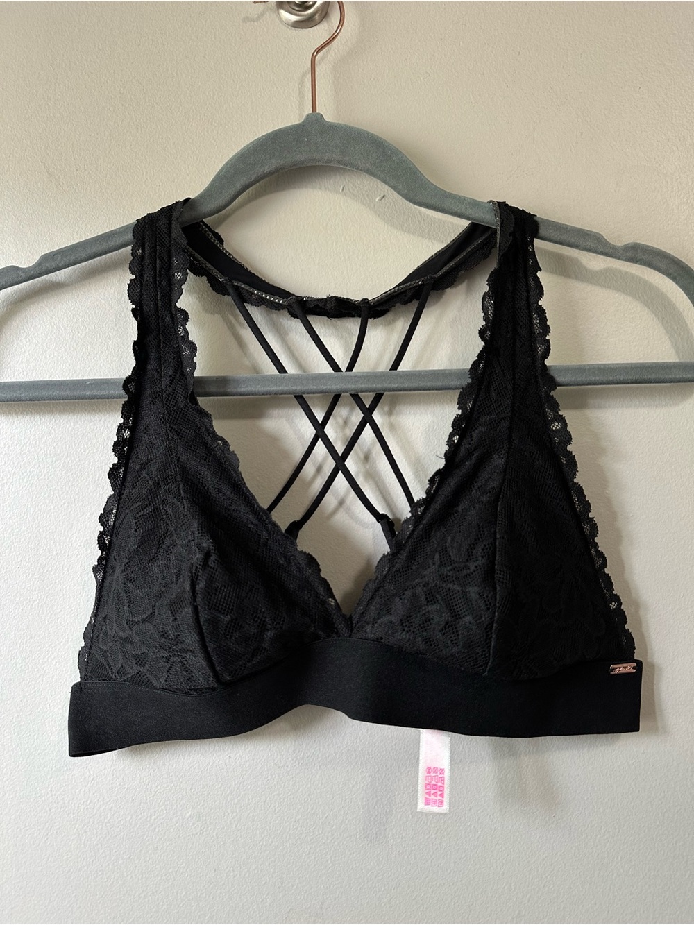 Pink Intimates Black Triangle Floral Lace Strappy Halterneck Bralette Size S